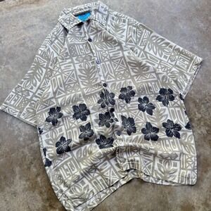Vintage 90s Blue Island Hawaiian Button Up Shirt Cotton Tan Size M (i4)